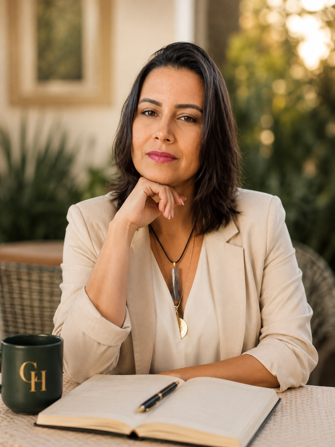 Larissa Barreto usando blazer claro, sentada à mesa