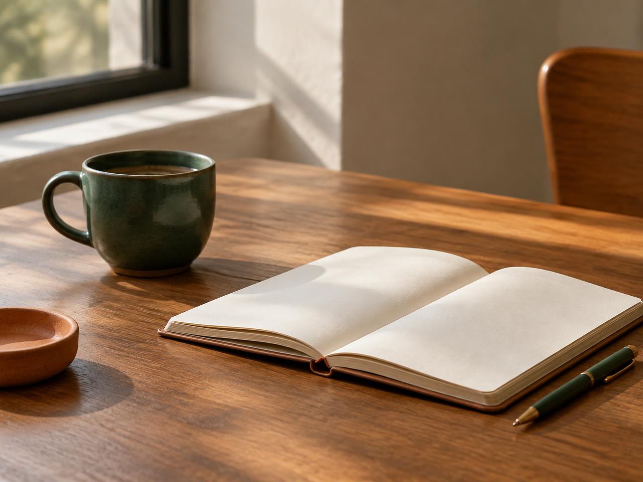 Caderno aberto e xícara em um momento de pausa e reflexão